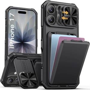 lot 12259 image: SSLOTSCASE for iPhone 17 Case with Card Holder & Kickstand & Slide Camera Lens Cover & Camera Stand & Wallet, Military-Grade Heavy Duty Hard Rugged Phone Case Cover for iPhone 17 6.3 5G 2025, Black
