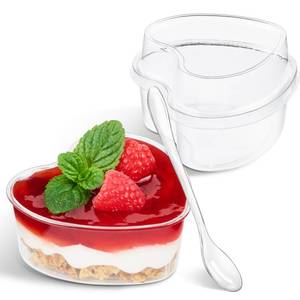 lot 13446 image: TOFLEN 5 oz Heart Shaped Dessert Cups with Lids and Spoons 150 Pcs  Serves 50  Mini Plastic Dessert Shooter Cups for Parfait, Cheesecake, Mousse, Appetizers, Jello Shot and Puddings