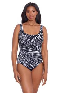 lot 14189 image: Longitude Womens Swimwear Night Point Panel Scoopneck Tank Soft Cup One Piece Swimsuit, BlackWhite, Size 10