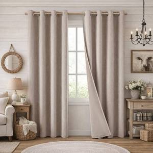 lot 14203 image: HOMEIDEAS Beige 100% Blackout Curtains 96 Inches Long��Linen Blend Textured Darkening Windows Thermal Insulated Drapes for Living Room, Bedroom, Nursery, 2 Panels, 52 X 96 Inches, Boho Farmhouse Style