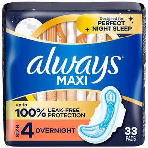 lot 14206 image: Always Maxi Overnight Pads with Wings for Women, Size 4, Overnight Absorbency, Unscented, 33 Count