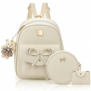 lot 14219 image: Noamus 3Pcs Cute Leather Backpack Purse for Women, Mini Bowknot Shoulder Bag, Fashion Beige Zipper Bags with Bear Pendant, Casual Bag Travel Daypacks for Lady Gift