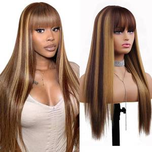 lot 14233 image: Puoonn Blonde Highlight Wig with Bangs for Women Long Blonde Mix Brown Straight Wigs Natural Looking Heat Resistant Synthetic Wig for Daily Party Use