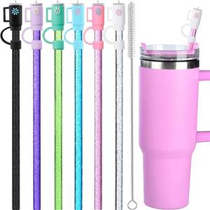 lot 14239 image: 12 Pack Replacement Glitter Straws and Covers for 40 oz Stanley Adventure Travel Tumbler Cup, Reusable Glitter Straws with Cleaning Brush, Compatible with 40oz 30oz 20oz 14oz Stanley Water Jug, 12inch