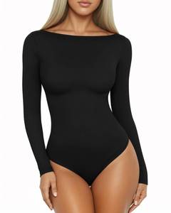lot 14240 image: MANGOPOP Womens Boat Neck Long Sleeve Bodysuit Basic Thong Body Suit Fall Going Out Tops 2025, Black, Medium