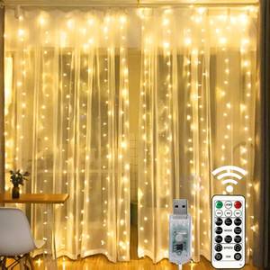 lot 14244 image: HOME LIGHTING Window Curtain String Lights, 300 LED 8 Lighting Modes Fairy Copper Light with Remote, USB Powered for Christmas Party Wedding Home Decorations (Warm White)
