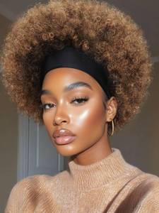 lot 14254 image: quickwig Afro Headband Wig Short Afro Kinky Curly Wigs with Headbands Attached Glueless Synthetic Wear and Go for Black Women Fluffy Bouncy Afro Wigs for Daily Party(1B30,12 Inch)