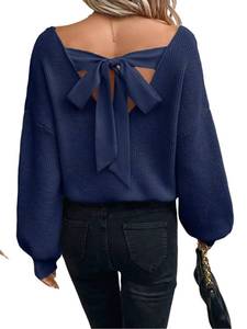 lot 14307 image: V Neck Sweaters Woman Large Off The Shoulder Sweater Top,Fitted Long Sleeve Shirt Women,Tie Back Sweater,Knit Sweater Navyblue, LARGE