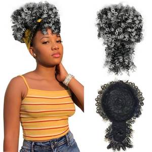 lot 14324 image: MODSIGHT Afro Puff Drawstring Ponytail with Bangs, Black to Grey Kinky Curly Ponytail Bun with Bangs Updo Hairpieces, Short Afro Puffs with Bang for Black Women (Black to Grey 1BTGrey)