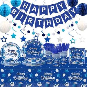lot 14345 image: 185pcs Happy Birthday Decorations Blue and Silver Plates Napkins Disposable Tableware Set Paper Cups Banner Tablecloth for Men Women Birthday Party Supplies Serves 24 Guests