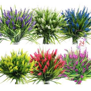 lot 14379 image: Artificial Flowers for Outdoors, 24 Bundles 6 Colors Fake Lavender Flowers Monkey Grass, Faux Plants Shrubs, UV Resistant Artificial Plants for Outdoor Garden, Window Box, Patio, Wedding Decorations