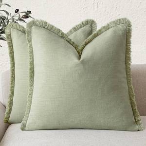 lot 14380 image: Foindtower Set of 2 Decorative Linen Fringe Throw Pillow Covers Boho Farmhouse Cushion Cover with Tassels Soft Accent Pillowcase for Couch Sofa Bed Living Room Home Decor,16�16 Inch,Light Sage Green