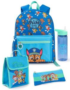 lot 14384 image: Paw Patrol Boys Backpack Set  Kids 4 Piece Blue & Green Rucksack Bundle with School Bag, Pencil Case, Lunch Bag & Water Bottle  Chase Dog Crew Graphic Complete Matching Set  Back to School Gifts