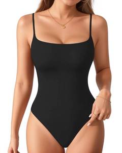 lot 14398 image: MANGOPOP Womens Cami Thong Bodysuit Double Lined Square Neck Backless Body Suit Adjustable Spaghetti Strap Tops Black S