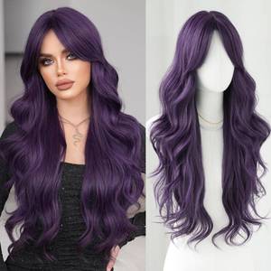 lot 14428 image: 7JHH WIGS 31in Purple Long Water Body Wavy Wigs with Curtain Bangs Natural Heat Resistant Synthetic Fiber Midlle Part Women Curly Wigs for Chrismas Daily Party Daily Used