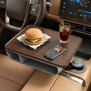 lot 15595 image: naexuauu 360° Rotating Wood Car Tray �� Adjustable Car Desk & Car Table Tray,Cup Holder Mount wExtension Rod, Organizer Pouch,Storage Bag & Desk Mat,Compatible wTesla Model 3YSX & Most Vehicles