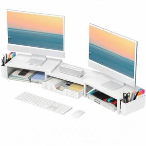 lot 15597 image: OPNICE Desk Organizers and Accessories, Dual Monitor Stand Riser with Drawer and 2 Pen Holders, Desk Shelf Metal Computer Racks for Office Workspace Organizers, Desktop Organization (White Metal)