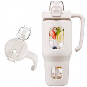 lot 15603 image: 32oz Glass Tumbler with Straw Handle and 2-IN-1 Sip & Spout Lid, Reusable Iced Coffee Cup for Smoothie, Matcha, Milkshake, Leakproof Glass Water Bottle with Straw and Silicone Sleeve, BPA Free-White