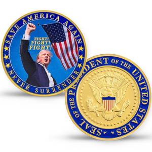 lot 16099 image: Never Surrender Donald Trump Challenge Coin, President Donald Trump Coin 2024 Collection, 40mm Gold Plated Coin Colored Commemorative Coins Gift plastic coin case broken