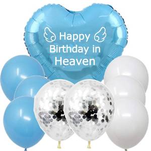 lot 16108 image: Nine Memorial Heart Balloon with String, Happy Birthday in Heaven blue Balloon Heart-Shaped for Cemetery, Outdoors, Garden Yard, Memorial Grave Markers, Bouquet Topper