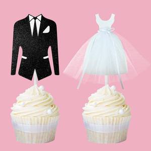 lot 16118 image: 12Pcs Bridal Shower Cupcake Toppers Glitter White Tulle Dress Black Tuxedo Dress Cupcake Toppers Engagement Wedding Party Decorations for Bride Groom Wedding Bridal Shower Party Supplies