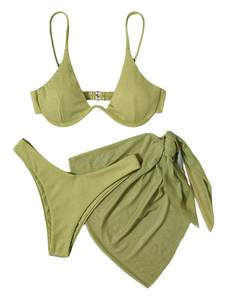 lot 16120 image: OYOANGLE Womens 3 Piece Ribbed Cheeky Bikini Set Underwire Triangle Swimsuit with Cover Up Skirt Olive Green Medium