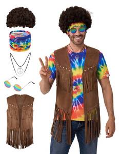 lot 16126 image: Spooktacular Creations 5 Pcs Halloween Men Hippie Vest Costume Set with Wig for Adult Halloween Costume Cosplay Party