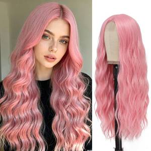 lot 16128 image: YBYMCAI Long Pink Wavy Wigs for Women Middle Part Pastel Pink Wig 26 inch Natural Curly Synthetic Wig Heat Resistant Fiber Wigs for Daily Party Use