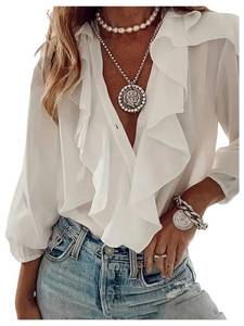 lot 16134 image: GORGLITTER Womens Ruffled Top Blouses Dressy Business Casual Button Up Long Sleeve V Neck Shirts Work Office Outfits White Medium