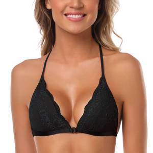 lot 16137 image: SHEKINI Womens Embroidered Triangle Bra Front Closure Plunge Wireless Lightly Lined Lace Bralette Top (Black,Medium)