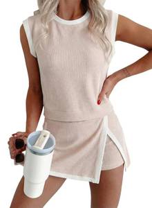 lot 16147 image: EVALESS 2 Piece Sets for Women Summer Matching Athletic Lounge Outfits Ribbed Knit Tank Top and Elastic Waist Split Lined Skirt 2026 Trendy Womens Cozy Going Out Clothes Plus Size Khaki XX-Large