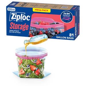 lot 16152 image: Ziploc Gallon Food Storage Bags, Stand-Up Bottom, Easy to Fill, 81 Count