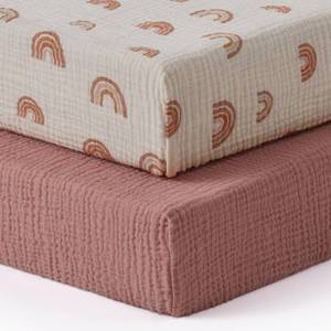 lot 16153 image: Blissful Diary Muslin Crib Sheets for Girl Boy, Boho Neutral Soft Cotton Baby Sheet for 52x28 Standard Crib Mattress, 2 Pack(Dusty Pink&Rainbow)