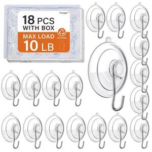 lot 16156 image: Scaups 18 Pack Suction Cup Hooks Max Load 10LB, 1.77Inch Suction Cup Hook for Glass Window, Reusable, Suitable for Glass, Windows, Bathrooms, Kitchens, Tiles, Shower Cubicles