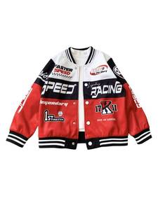 lot 16158 image: SOLY HUX Toddler Boys Varsity Jacket Letter Graphic Color Block Long Sleeve Motorcycle Jacket Outerwear Red Letter 4Y