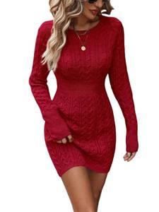lot 16159 image: GORGLITTER Womens Cable Knit Sweater Dress Long Sleeve Knit Fall Winter Dresses Crewneck Mini Pencil Dresses Red X-Large