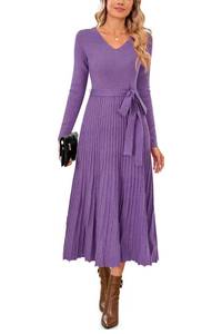 lot 16162 image: Arach&Cloz Fall Winter Womens Sweater Dress 2025 Long Sleeve V Neck Cashmere Ribbed Knit Tie Waist Pleated A Line Pullover Fashion Belt Midi Clothes Coral Purple XL