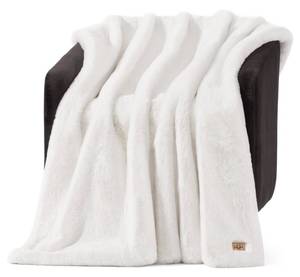 lot 17595 image: UGG Euphoria Faux Fur Throw Blanket, Warm Fluffy for Couch or Bed, Luxury Bedroom Decor, Blankets, Machine Washable, 50-inch x 70-inch, White Snow