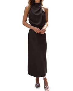 lot 20432 image: BTFBM Cocktail Dresses for Women Summer Satin Silk Sleeveless Mock Neck Maxi Wedding Guest Dress Spring Outfits 2026(Black, Large)