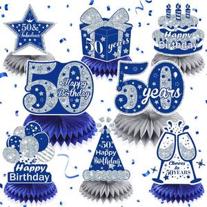lot 20455 image: 8Pcs Blue 50th Birthday Decorations Navy Blue Silver Happy 50th Birthday Table Honeycomb Centerpieces for Table Decor 50th Birthday Table Topper for Men Women 50th Birthday Anniversary Party Supplies