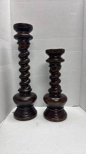 lot 1000 image: Dark Wood Spiral Twist Candlesticks Pair tallest is 24 inches