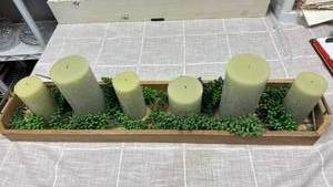 lot 1002 image: Green Pillar Candle Set in Wooden Display Tray with Decorative Foliage 39 inches long