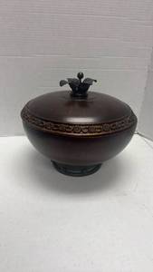 lot 1014 image: Decorative Wooden Bowl with Lid and Floral Handle 11 inches tall