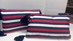 lot 1017 image: Red White Blue Striped Throw Pillows with Navy Tassels