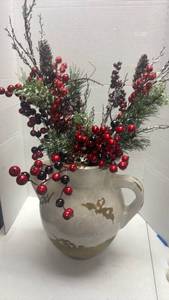 lot 1019 image: Ceramic Handled Vase with Christmas Holiday faux Floral Arrangement planter is 16 inches tall