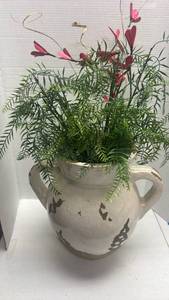 lot 1020 image: Ceramic Handled Vase with faux  Floral Arrangement vase is 16 inches tall