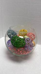 lot 1028 image: Glass Bowl with Colorful Wicker Easter eggs amd more
