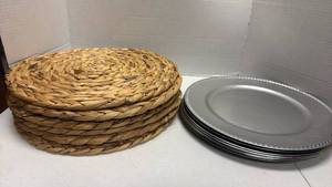 lot 1045 image: Woven Wicker and silver Charger Plates Set