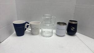 lot 1046 image: Mixed Drinkware Collection with Glass Pitcher and Branded Cups