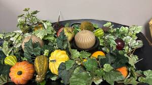 lot 1049 image: Autumn Harvest Centerpiece with Pumpkins, Gourds and more in wooden serving tray